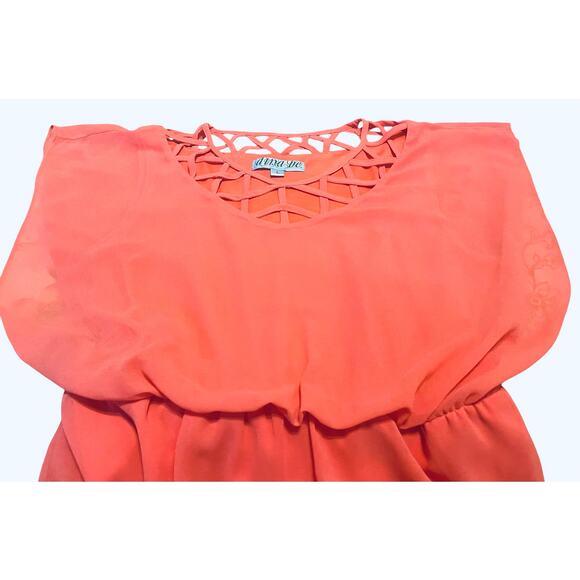 DINA BE ROUND NECK BLOUSON WAIST MIDI FIT & FLARE DRESS. WOMENS, L, PEACH - Picture 6 of 11